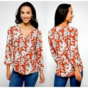 Maley Womens SMALL‎ Top Pleated Detail V Neck Floral Shirt 3/4 Sleeve Rust White